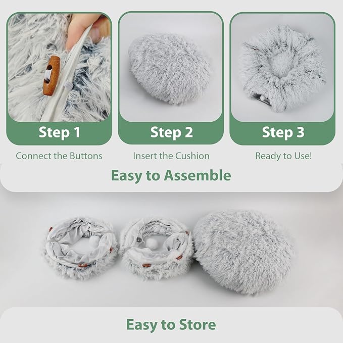 2-Pack Cat Tunnel Donut Bed and Cat Scratch Pad, Interactive Cat Tunnels for Indoor Cats, Fits Multiple Cats Up to 15 lbs, Cozy and Durable Cat Hideaway Toy for Kittens, Puppies, Rabbits (Grey)