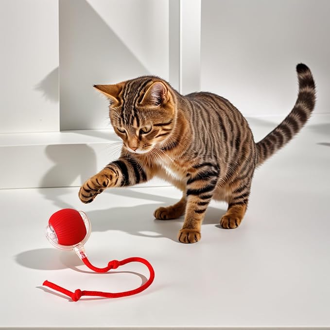 Electric Cat Toy - Automatic Rolling cat Toy with Motion sensors, Designed for Indoor Cats, Suitable for Solo Play (USB Rechargeable) (Red)