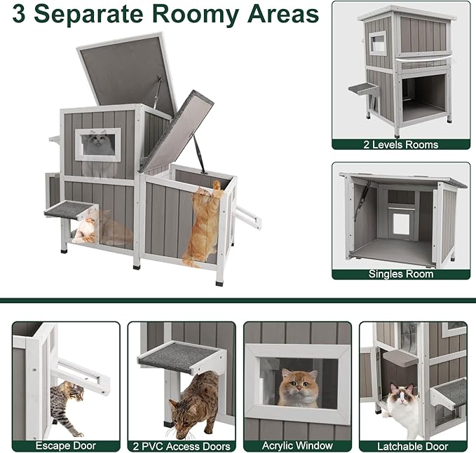Cat House Outdoor Cat Shelter for 2-3 Feral Cats Two Story Wooden Cat Houses for Outside Cats Weatherproof in 3 Rooms,with Asphlat Roofs 3 Escape Doors Acrylic Window Easy Assemble