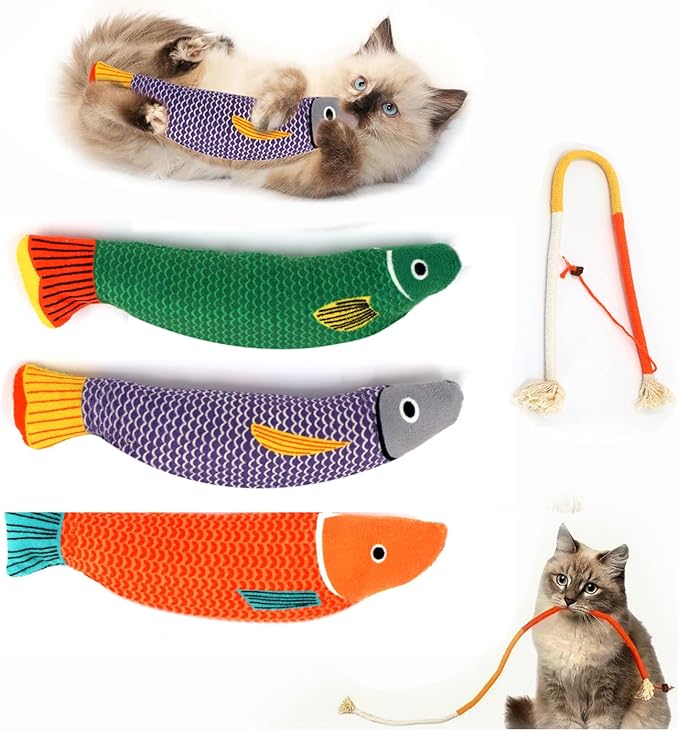 Cat Toys for Indoor Cats, 3 Catnip Fish Kicker with Little Bell Sound and Bonus Rope Toy, Soft and Durable Interactive Cat Fish for Kitten Exercise, Teething, and Play