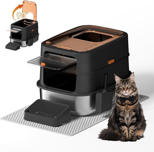 Stainless Steel Litter Box with Lid, Top Entry Cat Litters Box, Extra Large Metal Litterboxs with High Sides, 90° Flip-Top Double Doors & Raised Fence, Includes Pedal, Mat & Scoop Set