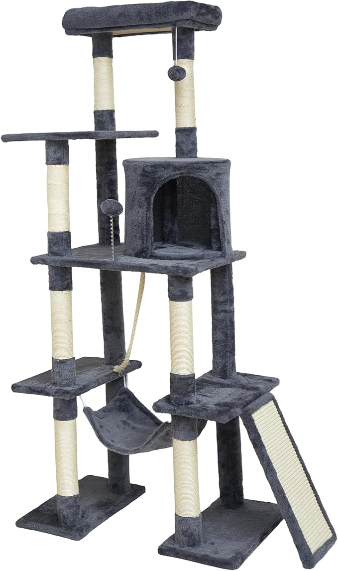 Large Cat Tree,65-inch Tall Multi-Level Cat Tower with Sisal-Covered Scratching Posts, Condo, Hammock, Dangling Ball,Grey