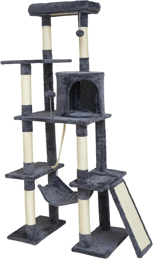 Large Cat Tree,65-inch Tall Multi-Level Cat Tower with Sisal-Covered Scratching Posts, Condo, Hammock, Dangling Ball,Grey