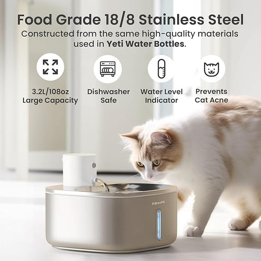 Stainless Steel Cat Water Fountain,108 oz/3.2 L Cat Water Dispenser, Battery Operated Dog Fountain,Water Bowl, Automatic Pet Fountain with Motion Sensor, 5000 mAh Battery