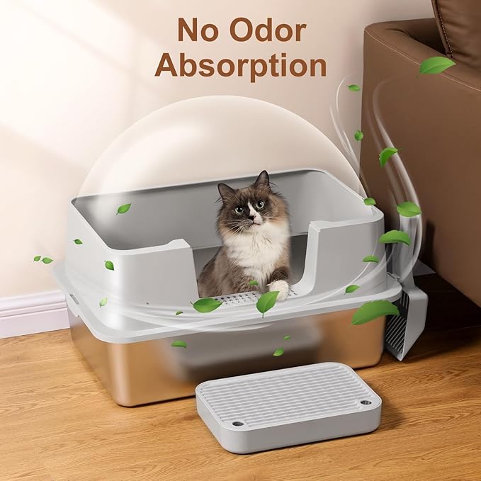 Stainless Steel Litter Box with Step Extra Large Cat Litter Box for Big Cats High Sides Enclosure XL Non-Sticky Easy Cleaning Anti-Urine Leakage (with Litter Scoop & Footboard, Grey)