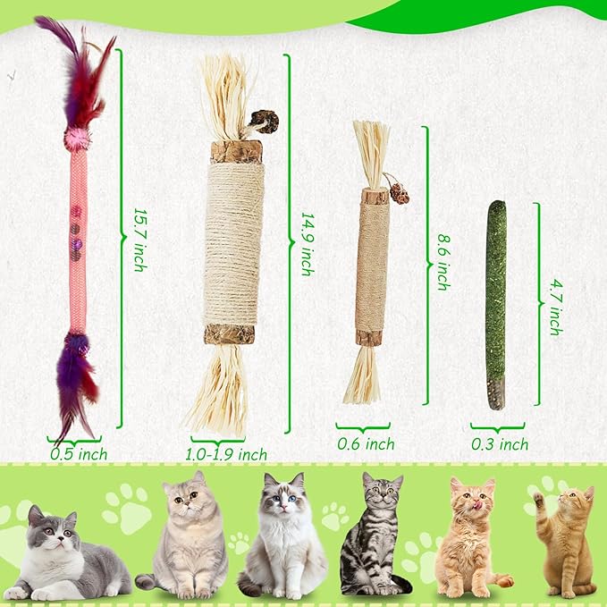 Cat Chew Toys, 11 Pack Kitten Catnip Toys Silvervine Sticks for Indoor Cats Teeth Cleaning, Interactive Treat Stretch Dental Chew Rope with Bell Feather