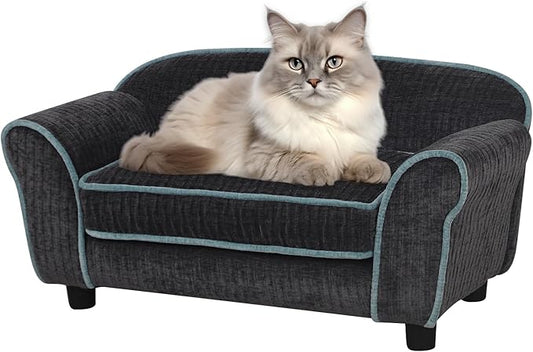 Pet Sofa/Dog Bed With Luxury Striped Fleece, Animal Sleeping Bed, Small Dog and Cat Couch (Dark Black)