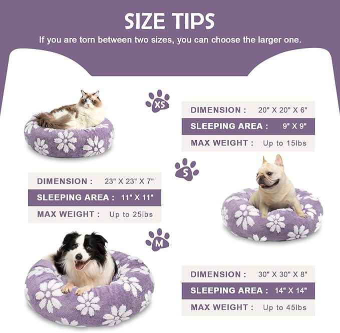 Donut Dog Beds for Medium Dogs, Calming Round Cat Beds for Indoor Cats, Cute 3D Textured Flower Pet Bed with Removable Washable Cover and Anti-Slip Bottom（Purple，30"）