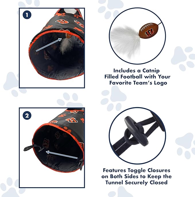 NFL Cincinnati Bengals Cat Tunnel Tube Toy with Plush Football Catnip and Feathers Collapsible Tunnel for Cats to Play, Peek and Hide, Sporty & Fun Cat Tunnel Toy with Team Logo All-Over Design!