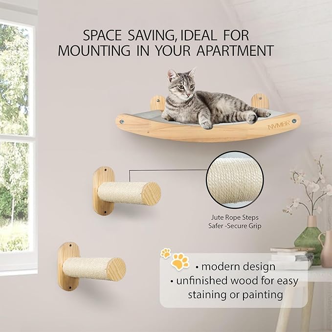 NVMBR Cat Shelves Hammock Lounge with Sisal Stairs Set, 16 inch Stud Design, Easy Install Mounts, Holds up to 33 lbs Climber Indoor Perches for Walls, Furniture and Beds