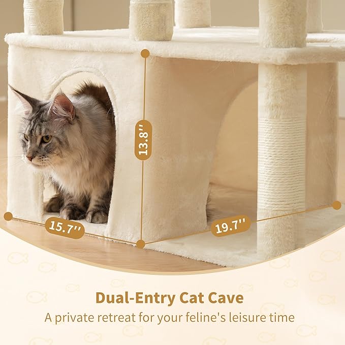Heybly Heavy Duty Cat Tree, 71-Inch Tall Tower for Large Maine Coon with Extra-Large Baseboard, Cat Condo Furniture with Multi-Level Platforms, 2 Hammocks and 12 Scratching Posts, Beige HCT037M