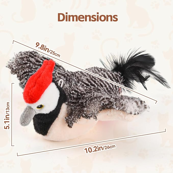 Flappy Bird Cat Toy for Indoor Cats, Simulated Chirping Flapping Wings Bird, Interactive Catnip Toys, Plush Kitten Exercise Toys (Woodpecker)