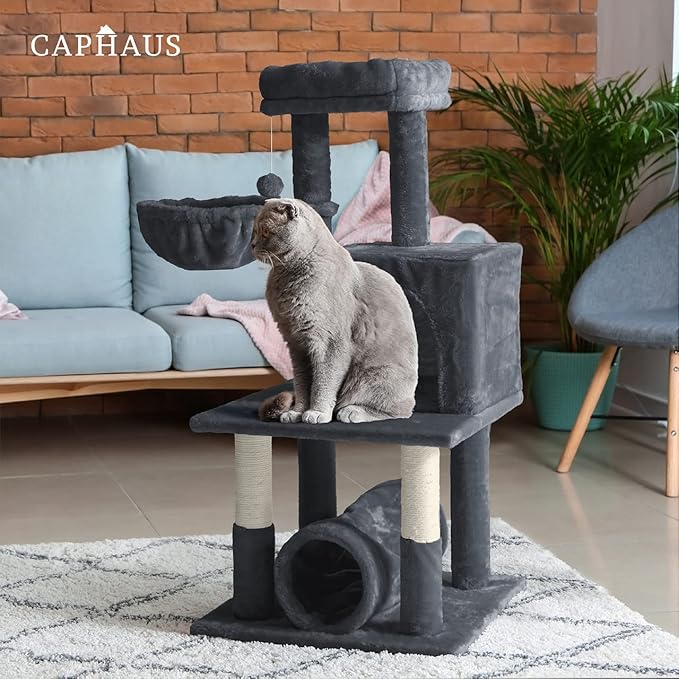 CAPHAUS Cat Tower for Indoor Cats, Modern Cute 40-Inch Small Cat Tree with Widened Perch for Large Cats Kittens, Multi-Level Cat Activity Tree with Scratching Posts, Tunnel, Basket, Cat Cave Condo