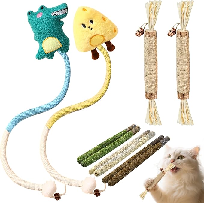 Catnip Toys for Cats, Kitten Chew Toys Silvervine Sticks for Indoor Cats Teeth Cleaning 10 Pack, Interactive Treat Dental Organic Cotton Chew Rope with Cute Dolls Catnip Inside