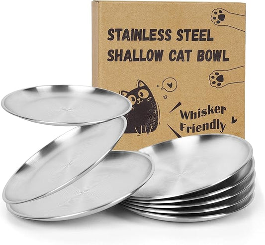8-Pack Stainless Steel Cat Food Bowls – Shallow Whisker-Friendly Non-Slip Silicone Base,Easy to Clean Indoor Feeding Dishes(6.7")