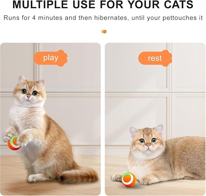 SEALON Electric Interactive Cat Toy Ball(Orange 4 Pack) Indoor Cat Play Ball, Suitable for Cats Over 6 Months for Exercise, Weight Loss, and Fun