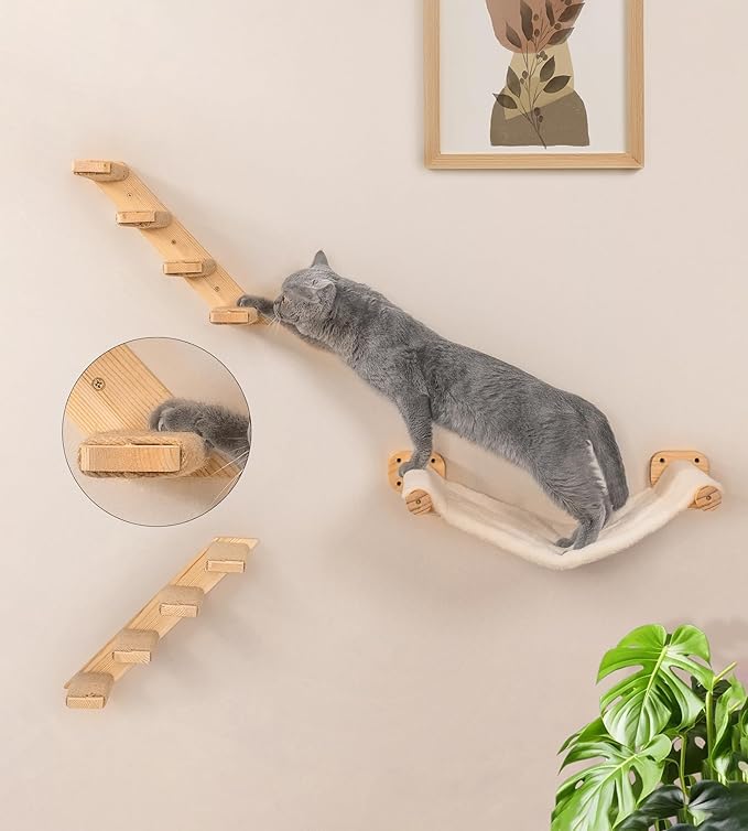 Cat Stairs Hammock Set of 3 – Cat Wall Shelves with 1 Floating Fabric Hammock, 2 Wall Ladders with 4 Steps Each