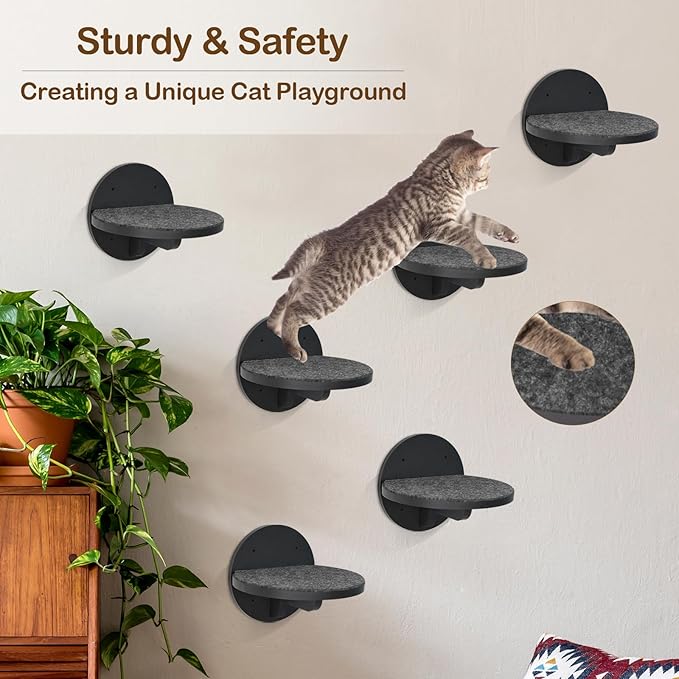 Y&ME 6-Pack Cat Climbing Shelves with Scratching Pad and Wall Mount for Cats to Sleep, Climb and Play (Black)