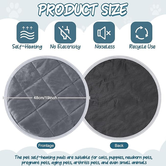 2 Pcs Cat Heating Pad Round 16 Inch Self Heating Cat Mat Washable Heated Bed Anti Slip Warming Pad Pet Bed Mat for Kennel Dog Crate Indoor Outdoor(Gray,19 Inch)