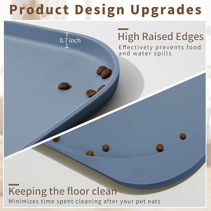 Silicone Pet Feeding Mat with Raised Edge & Residue Collection Pocket for Food and Water, Dog Bowl Mats, Cat Bowls Placemat with High Lip for Floor Waterproof, 19 x 12 x 0.7 Slate Blue