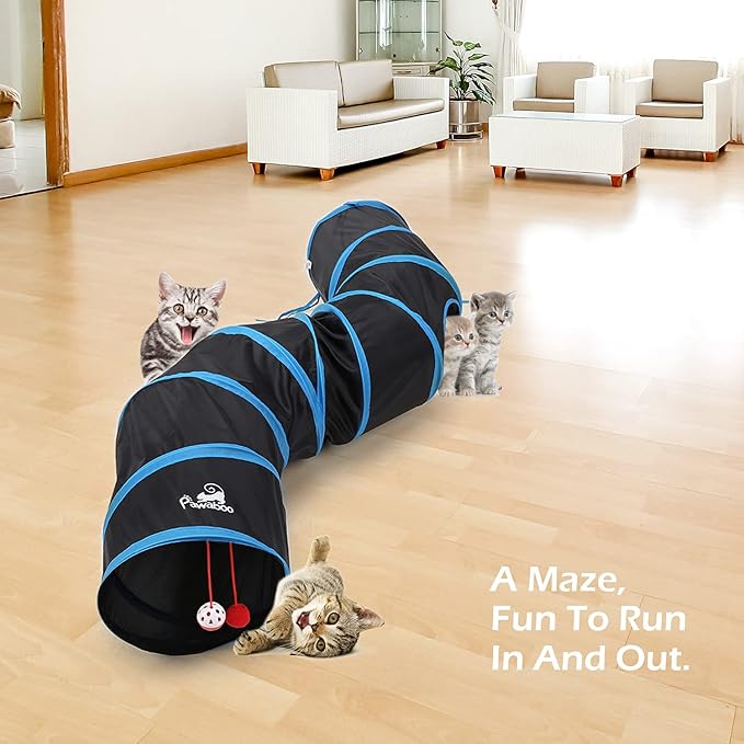 Pawaboo Cat Toys - S-Shaped Tunnels 25x97cm, Extensible Cat Play Tent with Balls and Bells, Interactive Maze House for Kittens and Small Animals, Blue