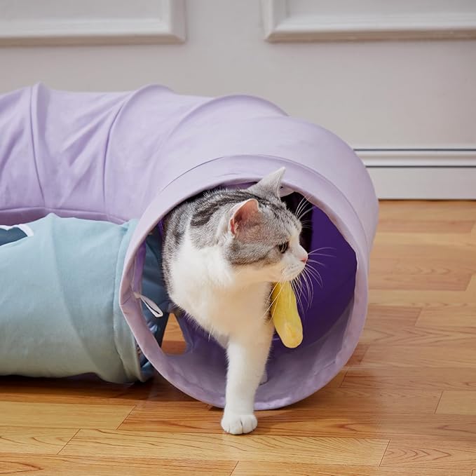 Cat Tunnel, Large Indoor Durable Collapsible Interactive Cat Tube with Peek-A-Boo Hole, Hanging Toys, and Crinkly Paper Lining - Cute Tunnel for Cats, Kittens, Puppies & Rabbits, Purple