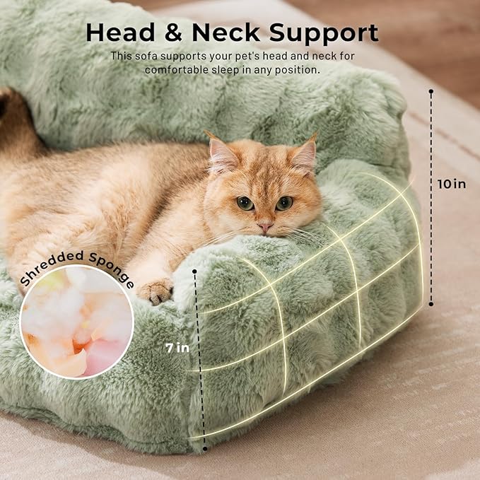 Cat Couch Bed for Indoor Cats-Orthopedic Cat Sofa with Supportive Egg Foam, Fluffy Cute Faux Fur Removable Washable Cover and Non-Slip Bottom, Sage Green