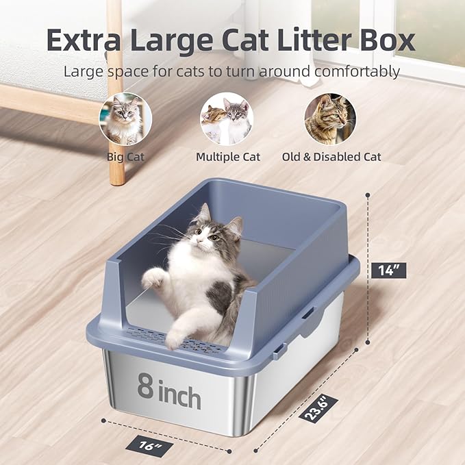 Enclosed Stainless Steel Cat Litter Box with Lid Extra Large Litter Box for Big Cats XL Metal Litter Pan Tray with High Wall Sides Enclosure, Non-Sticky, Anti-Leakage, Easy Cleaning (8 in Dark Grey)