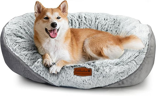 Dog Beds for Medium & Small Dogs - Round Cat Beds for Indoor Cats, Washable Pet Bed for Puppy and Kitten with Slip-Resistant Bottom (Light Grey, 25" L x 22" W x 8" Th)