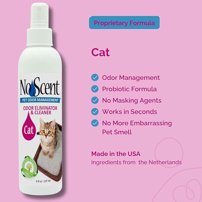 No Scent - Cat Litter Box Cleaner - 8 Fl Oz (236 mL) - Odor & Stain Remover with Probiotic Formula - Freshener for Furniture, Fabric, Hard Surfaces & Car