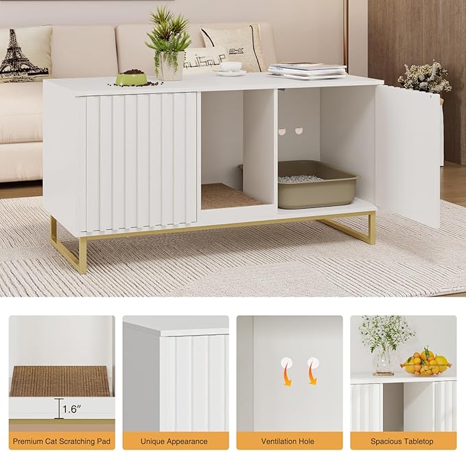 Cat Litter Box Enclosure for 2 Cats, 47.6’’ Litter Box Furniture Hidden with Scratch Pad, Double Room Large Cat Cabinet, Indoor Pet House TV Stand Side Table,Cats Washroom, White