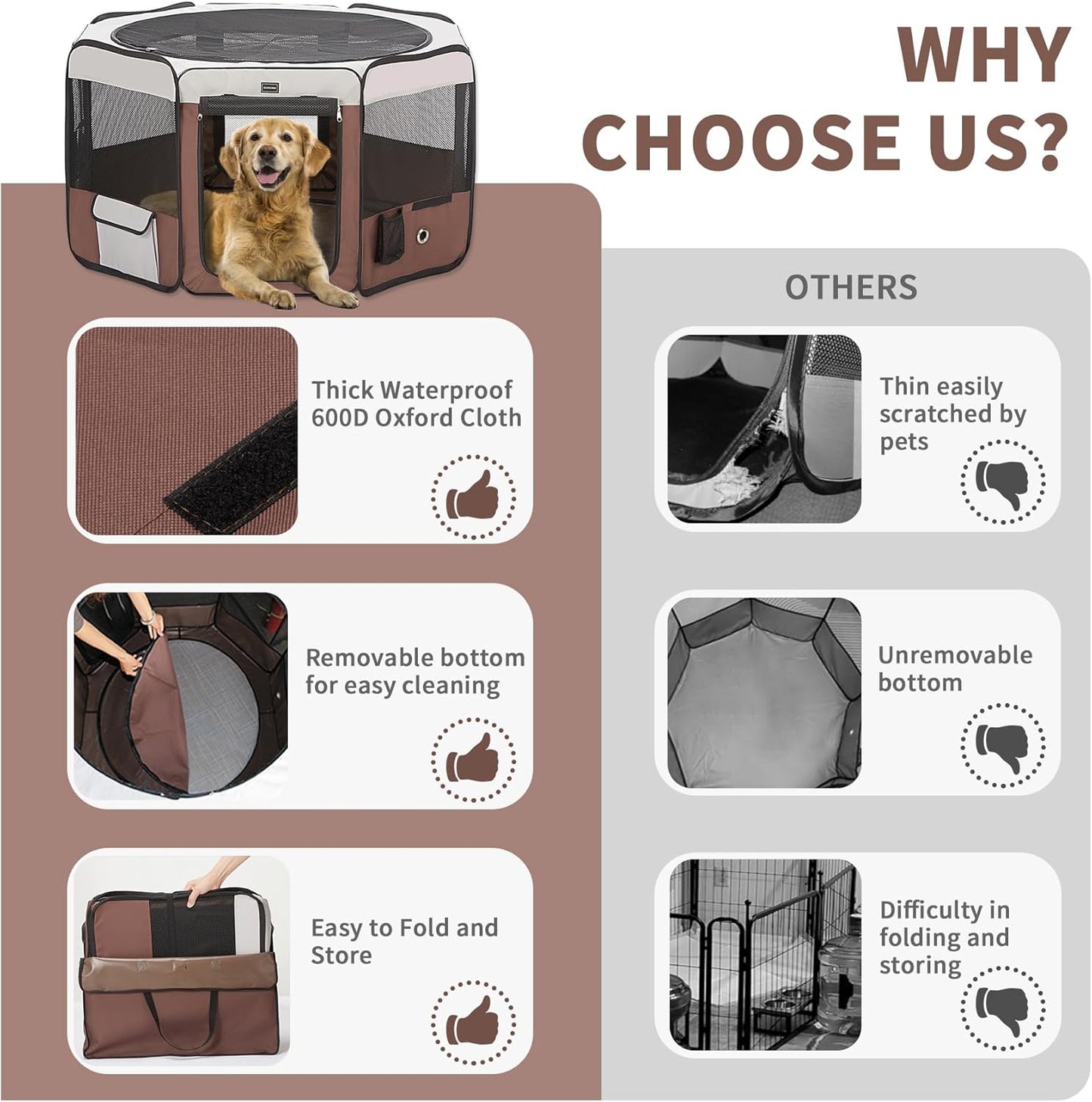 DONORO Dog Playpen Portable Pet Play Pens for Small Dog/Cat/Rabbit/Chicks, Cat Playpen Indoor/Outdoor with Carring Case, Removable Zipper Top and Bottom (Brown, Medium (35"x35"x20"), 8)