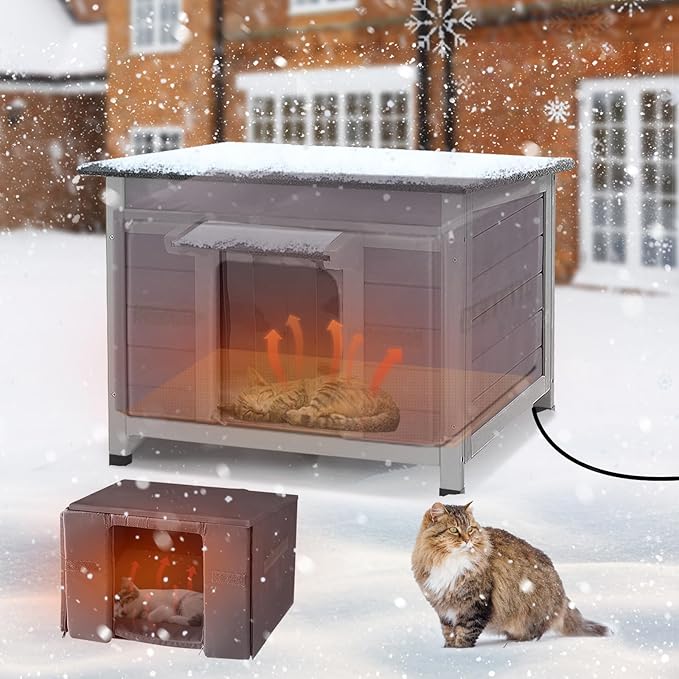 Heated Outdoor Cat House with Heating Pad, Weatherproof Cat Shelter, Feral Cat House with Insulated Liner for Keep Warm in Winter