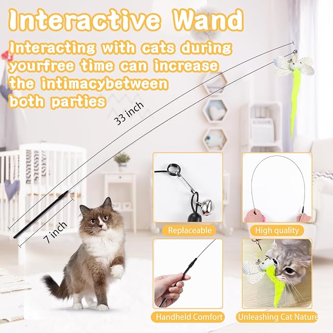 Cat Toys 6Pcs with Interactive Wand & Hanging Door Toys – Interactive Cat Feather Toy for Indoor Cats, Bored Cats – Includes Bells, Replaceable Heads, Adjustable Elastic Rope