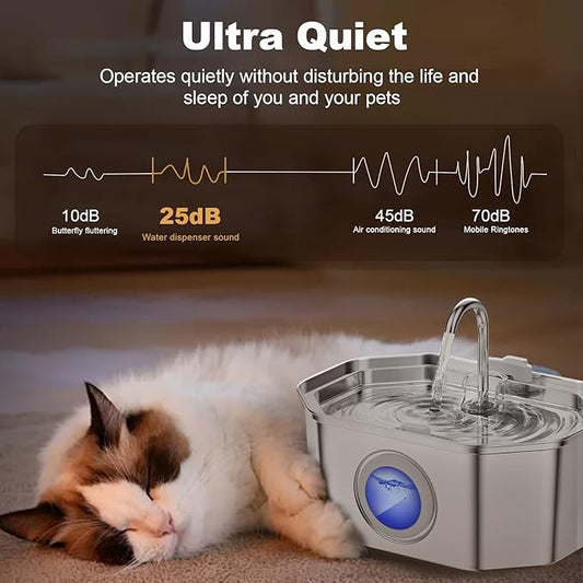 Cat Water Fountain Stainless Steel 108oz/3.2L, APAUK Automatic Pet Fountain Dog Water Dispenser with Water Level Window, Quiet Cat Fountain for Drinking, Inside with Replacement(1 Filter&1 Sponge)