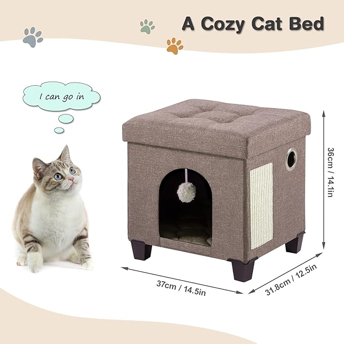 BRIAN & DANY Foldable Cat House for Indoor Cats, Large Cat Cube for Pet Cave with Scratch Board & Ball, 14.7" x 14.1” x 12.7”, Brown