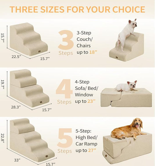 Made4Pets Dog Stairs Ramp for Small Dogs, 3-Step Dog Steps for Bed Couch Sofa and Chair, 35D Foam Pet Steps for Small Dogs and Cats, Non-Slip Bottom Pet Stairs, Beige