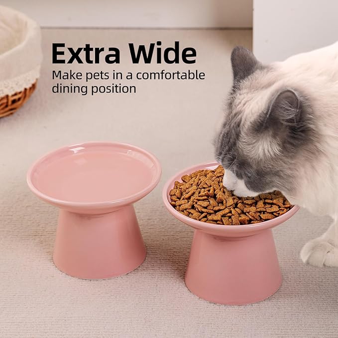 6.2 Inch Extra Wide Elevated Ceramic Cat Bowls, Food and Water Bowl Set for Elder Big Cats Small Dogs, Raised Design for Pet Easy Eating, Protect Cat's Spine Set of 2(Pink)