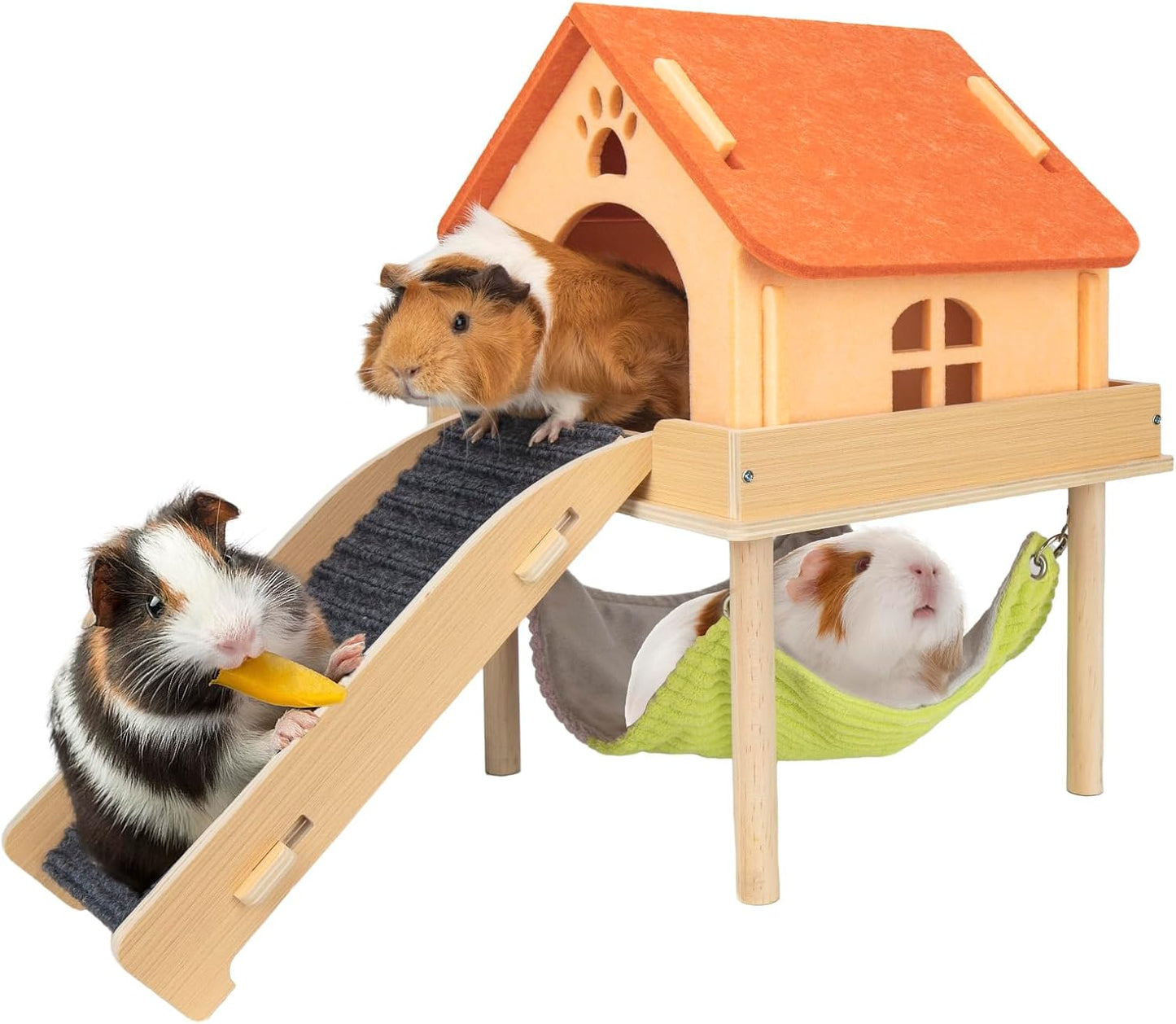 3 in 1 Enlarged Guinea Pig Hammock,Wooden Guinea Pig Hideout with House & Platform & Stairs Small Animal Toys for Hiding Sleeping Activities