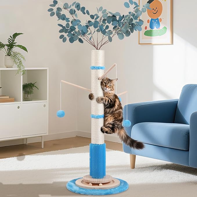 EMUST 45" Tall Cat Scratching Posts for Indoor Cats, Large Bold Ocean- Themed Cat Scratcher Post with Sturdy Solid Wood Base Self Groomer Brush for Kittens Adults Cats Protect Your Furniture