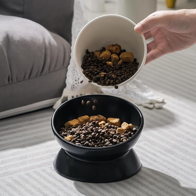 YauYik Ceramic Raised Cat Bowl - Cat Food Bowl Elevated Tilted for Short Leg Cats and Small Dogs - 6 Inches Whisker Friendly Pet Bowl Dish, Reduce Neck Burden Feeding Bowl, Black, 10 Oz