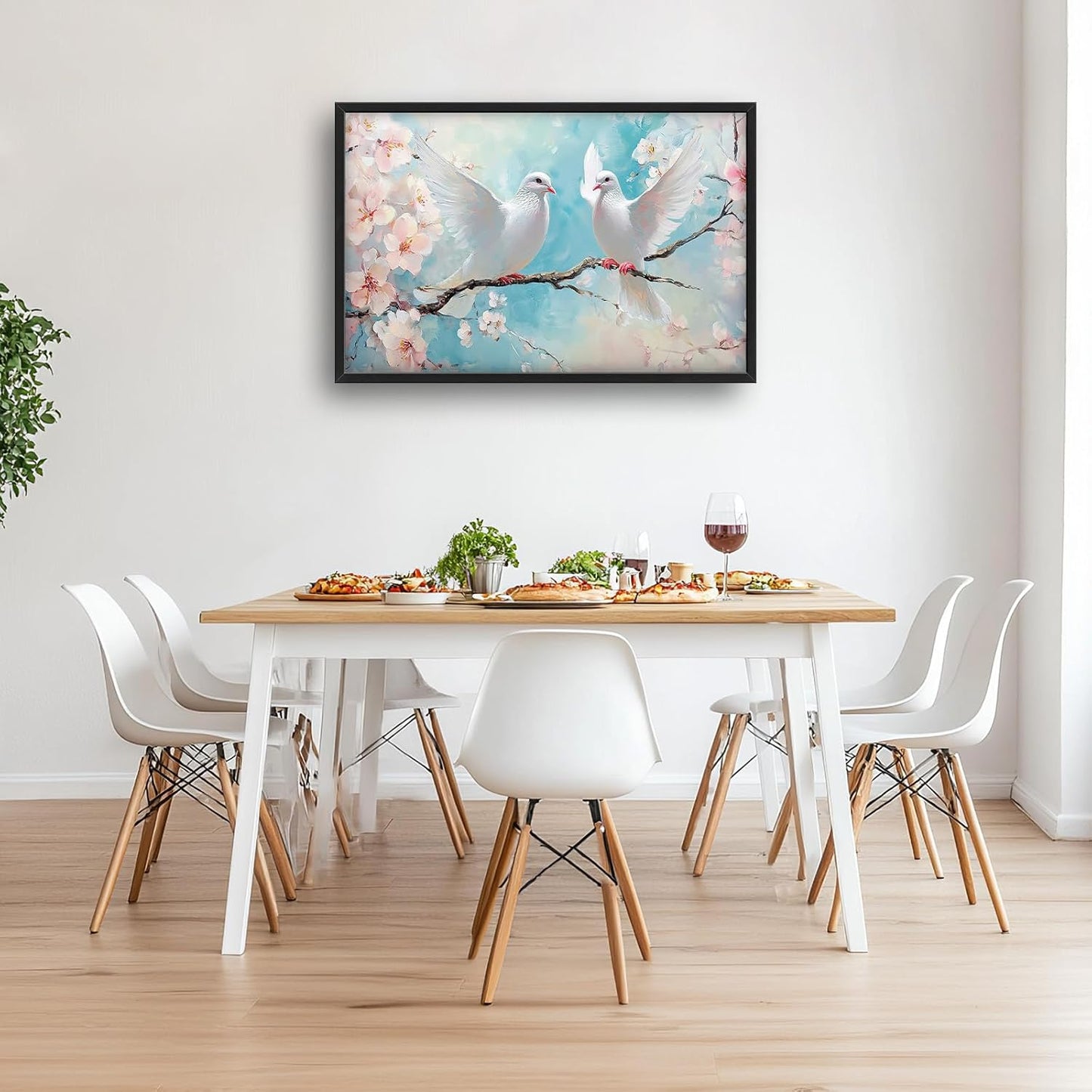 Large White Dove Flower Wall Art for Living Room, Framed Oversized Pigeon Cherry Blossom Wall Decor Nature Canvas Painting Modern Artwork for Living Room Bathroom Bedroom Office Dining Room 36"x24"