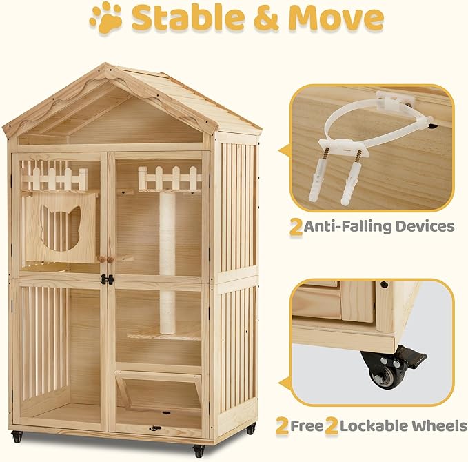 MCombo Wooden Indoor Cat House, Cat Condo with Entrance, Kitten Cage Catio with Lockable Doors and Wheels, CT291