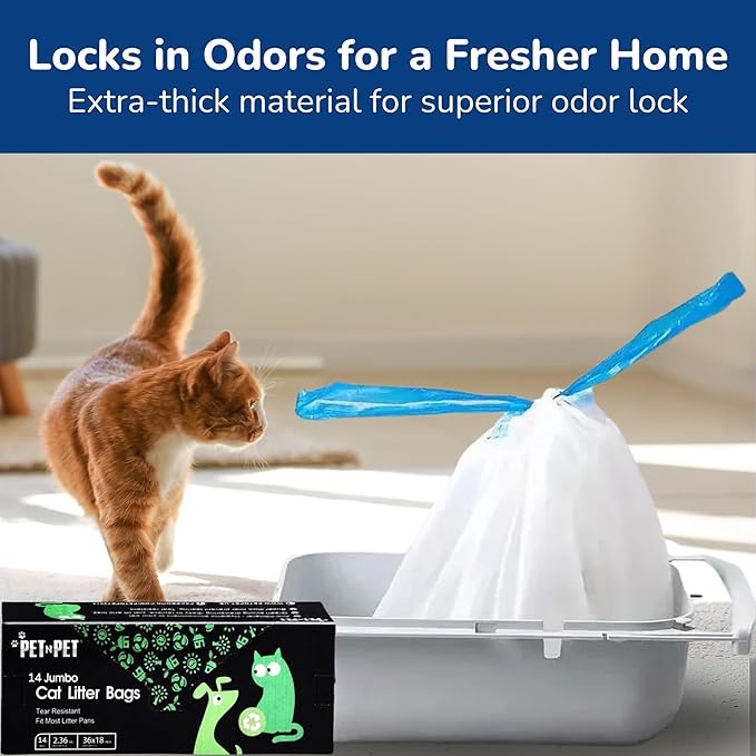 PET N PET Cat Litter Box Liners Bags Jumbo, Heavy Duty Tear Resistant & Drawstring Closure Cat Litter Bags, Waterproof Kitty Box Liners Fits Litterbox Pan Sizes, 36" x 18", 14 Count