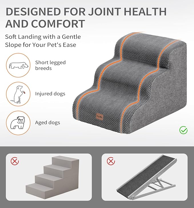 Made4Pets Dog Stairs Ramp for Small Dogs, 3-Step Dog Steps for Bed Couch Sofa and Chair, 35D Foam Pet Steps for Small Dogs and Cats, Non-Slip Bottom Pet Stairs, Grey