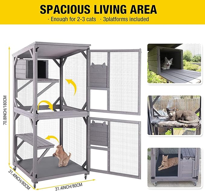 Aivituvin Cat House Outdoor Cat Catio Wooden Large Enclosure with Run on Wheels 70.9" Upgraded Version Catio with Reinforcement Strip,Waterproof Roof (Grey)