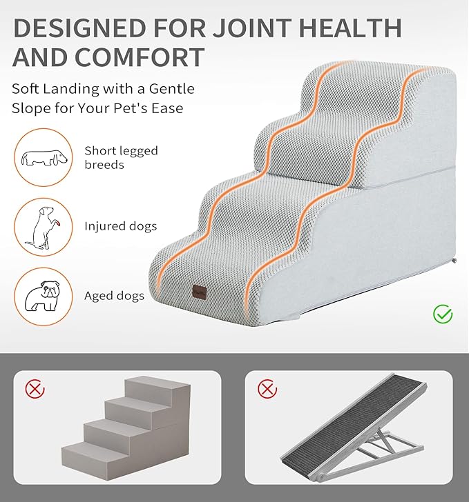 Made4Pets Dog Stairs Ramp for Bed, 4-Step Dog Steps for High Bed Couch Sofa Climbing, 35D Foam Pet Steps for Small Dogs and Cats, Non-Slip Bottom Pet Stairs, Light Grey
