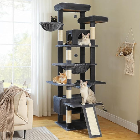 81 Inch Tall Cat Tree for Big Cats & Multi-Cat Homes, Large Heavy Duty Cat Tower with Metal Frame Hammock, 6 Scratching Posts, 2 Condos, 2 Perches, Scratching Pad - Dark Grey