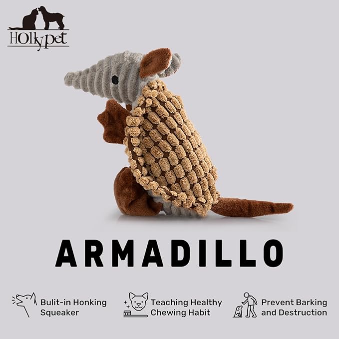 Hollypet Plush Dog Squeaky Toy Stuffed Armadillo Animal Pet Puppy Chew Toys with Clean Teeth for Small Medium Large All Breed Sizes Dogs, Light Brown, 8 in
