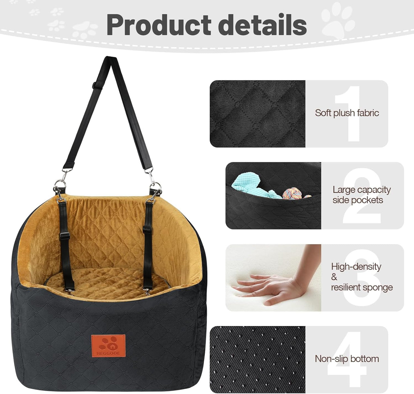 Dog Car Seat for Small Medium Dogs, Memory Foam Booster Car Seat for Dogs up to 35 lbs, Elevated Pet Car Seat, Travel Bed with Washable Removable Cover and Storage Pockets (Black/Coffee)